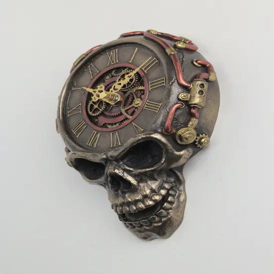 Steampunk Flat Skull Clock Resin Gears Hand Painted Pipework Accent Wall Hanging {3}