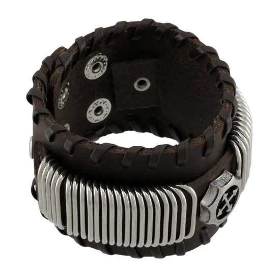 Brown Leather Wristband with Chrome Rings Faux Compass Center {3}