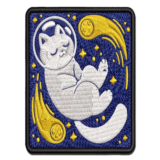 Dreamy Space Cat Multi-Color Embroidered Iron-On or Hook & Loop Patch Applique {1}