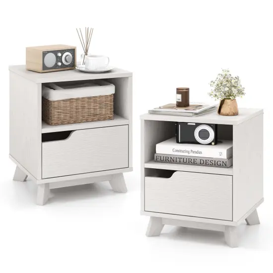 Costway 1/2 PCS Nightstand Sofa Side End Table with Storage Shelf & Drawer Space-Saving White {8}