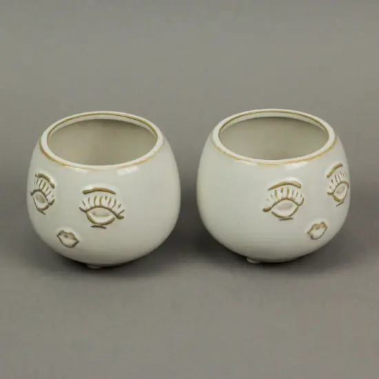 Set of 2 Ceramic Round Female Face Mini Succulent Planters 3 Inches Tall {3}