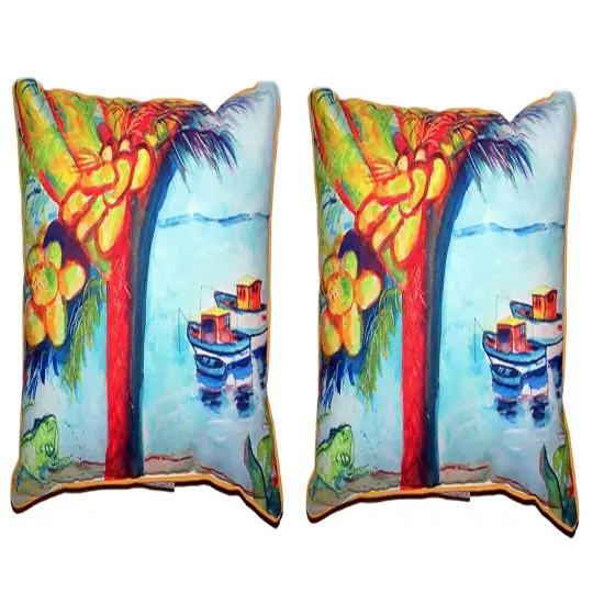 Pair of Betsy Drake Cocoa Nuts And Boats Outdoor Pillows 16 Inch x 20 Inch {1}