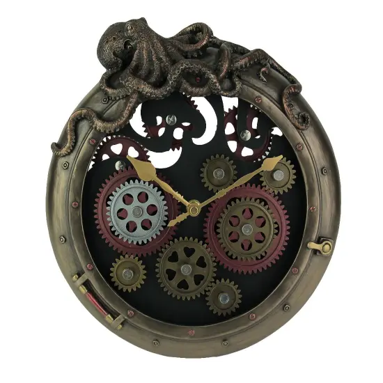 Steampunk Bronze Finish Octopus Porthole Wall Clock With Moving Gears {1}