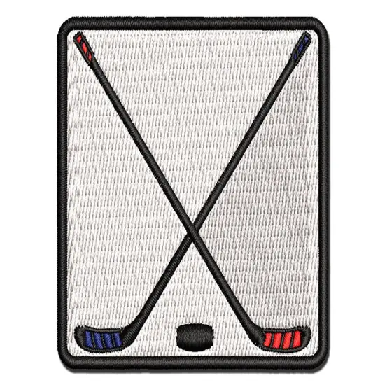 Crossed Hockey Sticks with Puck Multi-Color Embroidered Iron-On or Hook & Loop Patch Applique {1}