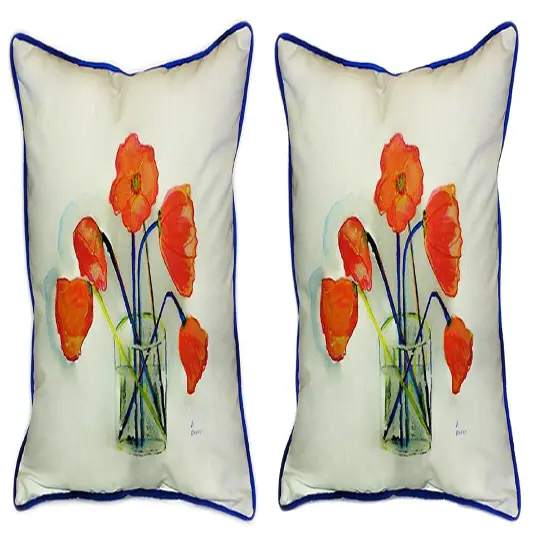 Pair of Betsy Drake Poppies in Vase Large Pillows 18 Inch x 18 Inch {1}