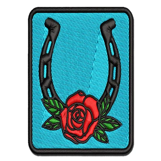 Classy Horseshoe with Rose Cowboy Cowgirl Western Farm Ranch Horses Multi-Color Embroidered Iron-On or Hook & Loop Patch Applique {1}