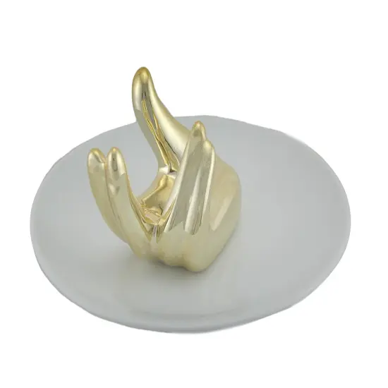 Gold Painted White Ceramic Helping Hand Jewelry Dish Ring Holder {4}
