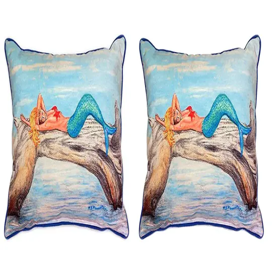 Pair of Betsy Drake Mermaid on Log Large Indoor/Outdoor Pillows 16x20 {1}