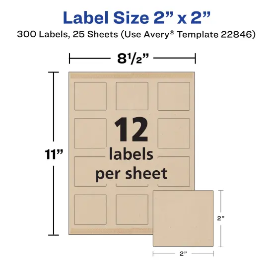 Avery Kraft Brown Square Labels with Sure Feed Technology, 2" x 2", Print to the Edge, Laser/Inkjet Printable Labels, 300 Total (22846) {4}
