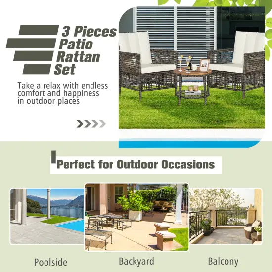 Costway Patiojoy 3PCS Patio Rattan Furniture Set Cushioned Sofas Wood Table Top W/Shelf {5}