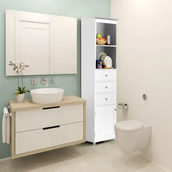 Tall Freestanding Storage Organizer Linen Tower, Vanity Closet, Bathroom Cabinet with 2 Open shelves, 3 Drawers, and a Closet White {3}