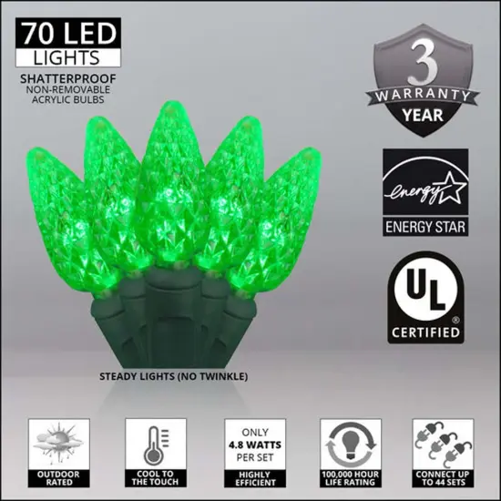 70 Green C6 LED Christmas Lights, Green Wire, 4" Spacing {3}