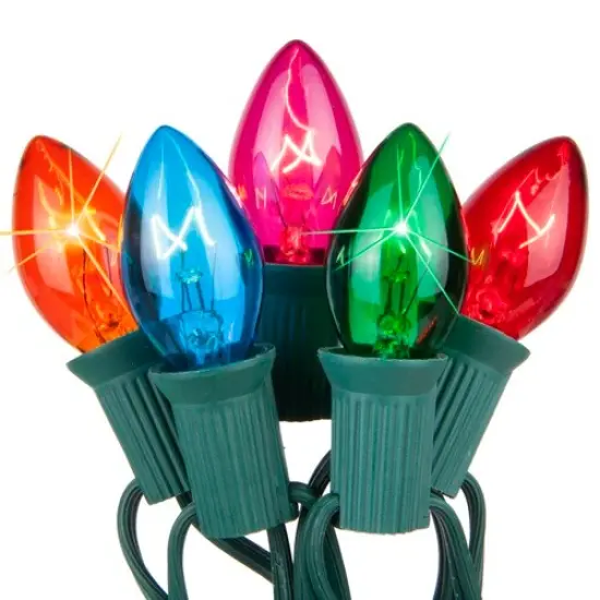C7 Multi: Red, Blue, Amber, Green, Pink Transparent Twinkle 25 Set, Green Wire Multicolor {1}
