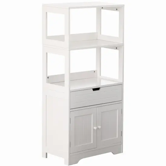 Tall Freestanding Wooden Storage Vanity, Kitchen Pantry, and Bathroom Cabinet Organizer, with 2 Open shelves, A drawer and 2 Door Cabinet, White {1}