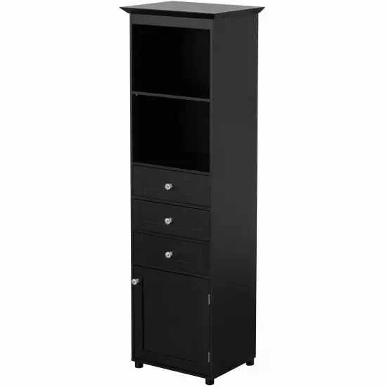 Tall Freestanding Storage Organizer Linen Tower, Vanity Closet, Bathroom Cabinet with 2 Open shelves, 3 Drawers, and a Closet Black {12}