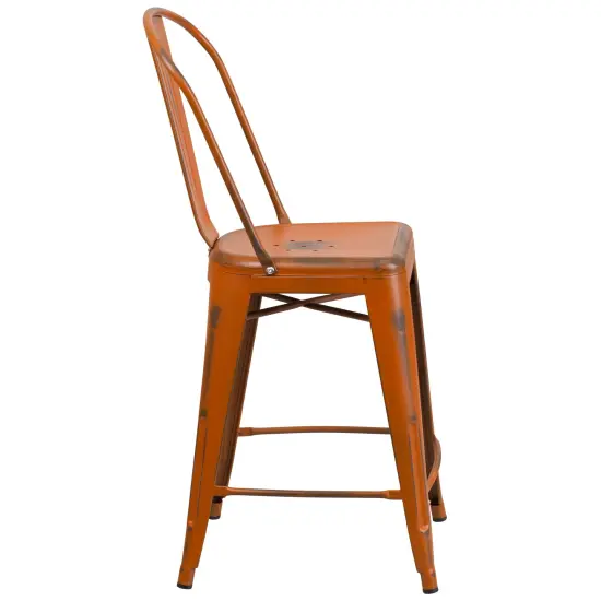 Merrick Lane Sabine Metal Indoor-Outdoor Counter Stool with Vertical Slat Back and Integrated Footrest Orange {5}