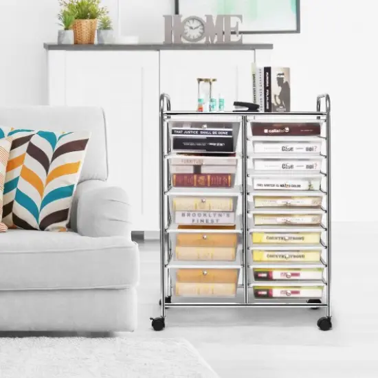 15-Drawers Multi-Use Rolling Storage Organizer Cart with Chrome Finish Steel Frame Perfect for Any Room Transparent {2}
