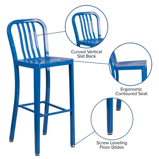 Merrick Lane Santorini 30 Inch Galvanized Steel Indoor/Outdoor Counter Bar Stool With Slatted Back And Powder Coated Finish Blue {2}