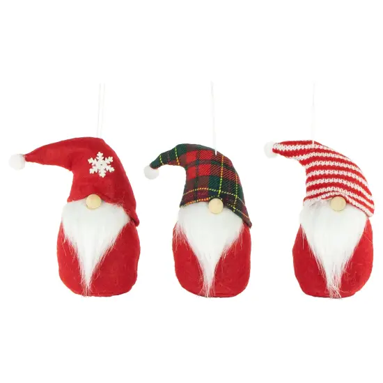 Northlight Plush Gnomes Christmas Ornaments with Striped, Plaid and Snowflake Hats - 4.5" Red {1}