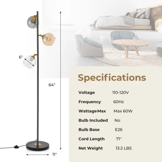 Costway Mid Century Floor Lamp Freestanding with 3 Glass Globe Lampshades & Foot Switch {2}
