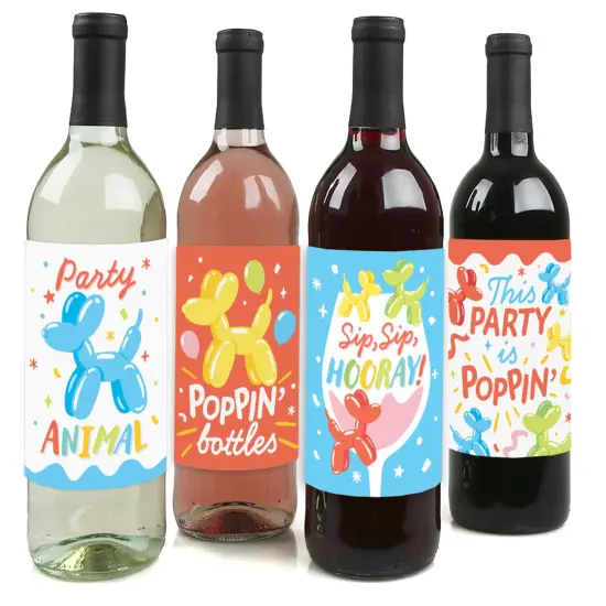Big Dot of Happiness Balloon Animals - Happy Birthday Party Decorations for Women and Men - Wine Bottle Label Stickers - Set of 4 {1}