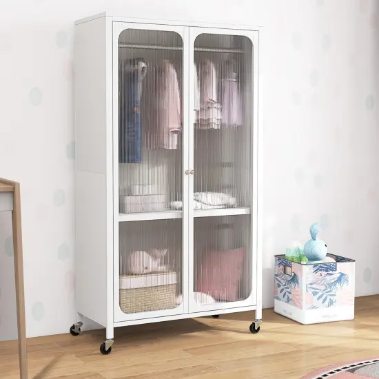 Costway Storage Wardrobe Cabinet Mobile Armoire Closet with Hanging Rod & Adjustable Shelf {2}