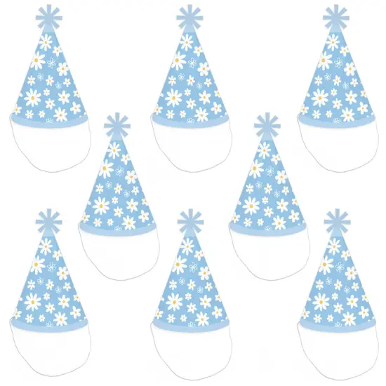 Big Dot of Happiness Blue Daisy Flowers - Cone Happy Birthday Party Hats for Kids and Adults - Set of 8 (Standard Size) {7}
