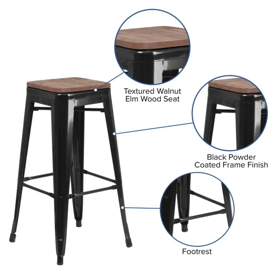Merrick Lane Dalton Series Backless Metal Dining Stool with Wooden Seat for Indoor Use White {7}