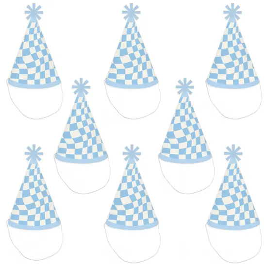 Big Dot of Happiness Blue Checkered Party - Cone Happy Birthday Party Hats for Kids and Adults - Set of 8 (Standard Size) {7}