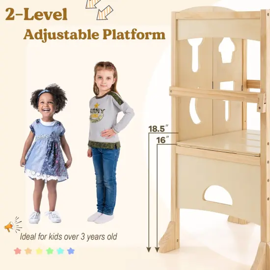 Costway Folding Kitchen Kids Step Ladder Stool Wooden Toddler Safety Tower Helper Coffee/White {5}