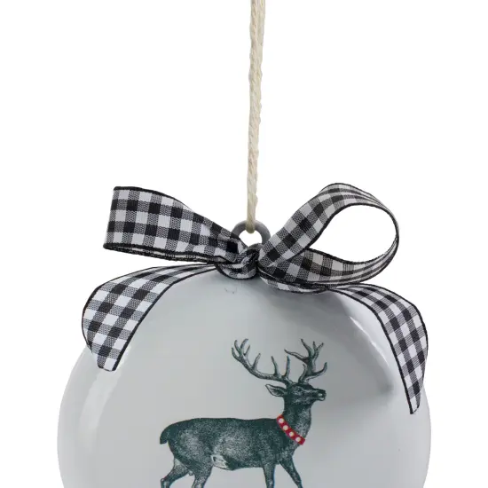 Northlight Reindeer "Merry Christmas" with a Plaid Bow Glass Disc Ornament - 4.5" - White and Black {4}