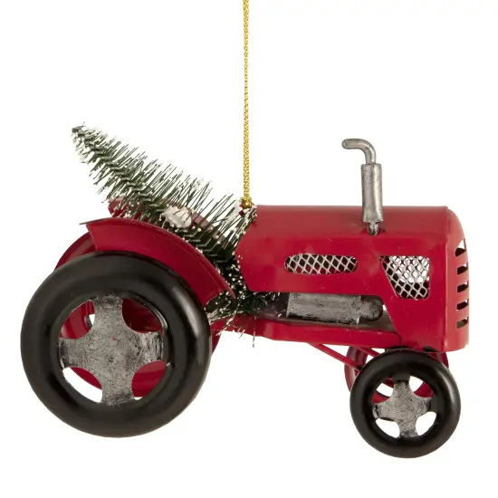 Northlight Metal Tractor with Frosted Tree Christmas Ornament - 3" - Red and Silver {1}