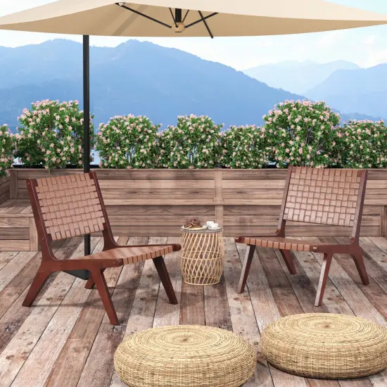 Costway Woven Leather Accent Chair Mid Century Rubber Wood Armless Side Chair {3}