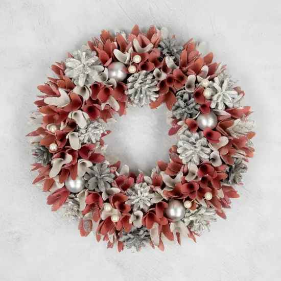 Northlight 13" Pink and White Wooden Floral Christmas Wreath with Pinecones {4}