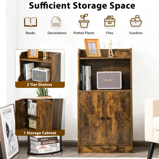 Costway Storage Cabinet Bookcase w/2 Doors and Open Shelves Display Shelf Rustic Brown {5}