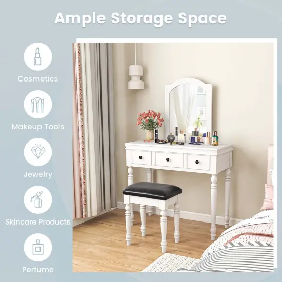 Costway Vanity Table Set Makeup Desk Cushioned Stool 3 Drawer Large Mirror White/Walnut {6}