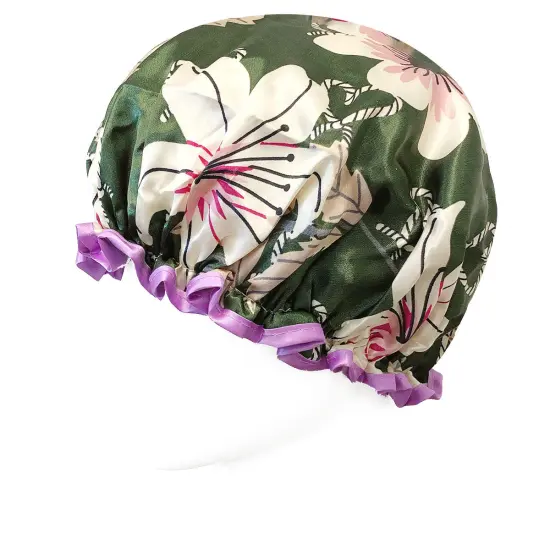 Wrapables Reusable Women's Waterproof Shower Caps for Long Hair Lilies Green {3}