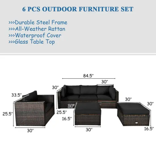6 Pcs Patio Rattan Furniture Set with Sectional Cushion Black {4}