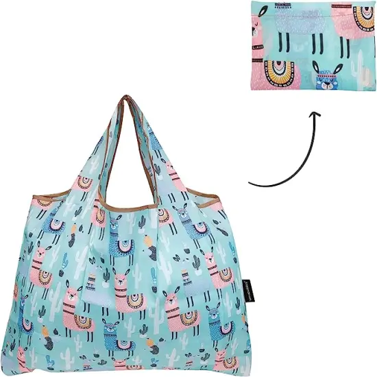 Wrapables Large Foldable Tote Nylon Reusable Grocery Bags, 5 Pack Cats, Dog, Llamas {3}