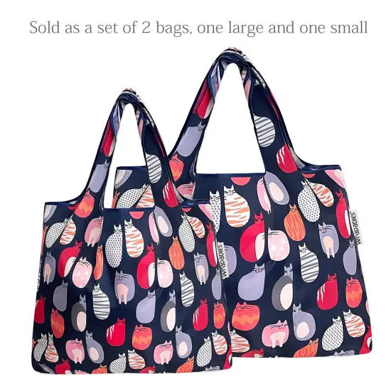 Wrapables Large & Small Foldable Tote Nylon Reusable Grocery Bags, Set of 2 Stylish Kitties {3}
