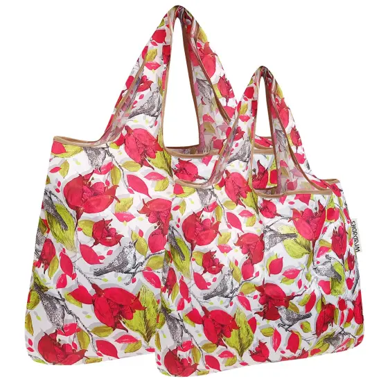 Wrapables Large & Small Foldable Tote Nylon Reusable Grocery Bags, Set of 2 Red Floral Gray Bird {1}