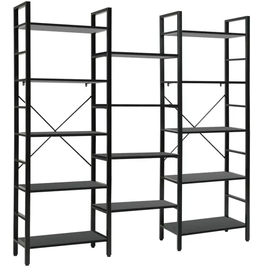 Costway Triple Wide 5-tier Bookcase Large Bookshelf Display Storage Shelf Vintage Black {5}