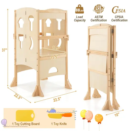 Costway Folding Kitchen Kids Step Ladder Stool Wooden Toddler Safety Tower Helper Coffee/White {3}