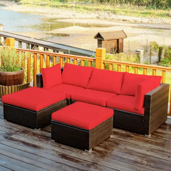 5 Pieces Patio Sectional Rattan Furniture Set with Ottoman Table Red {2}