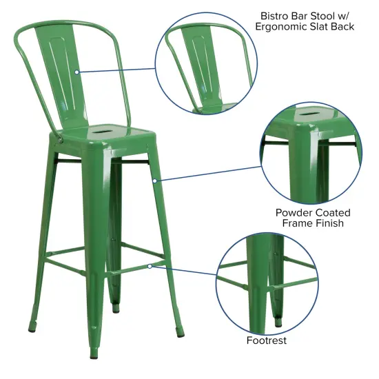 Merrick Lane Dothan Series Metal Stool with Removable Back for Indoor-Outdoor Use Green {4}