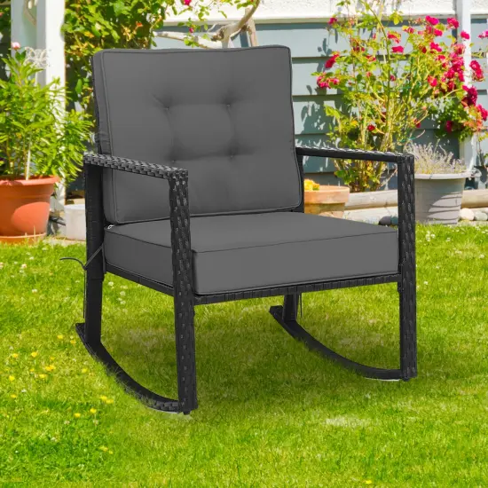 Patio Rattan Rocker Outdoor Glider Rocking Chair Cushion Lawn Grey {6}