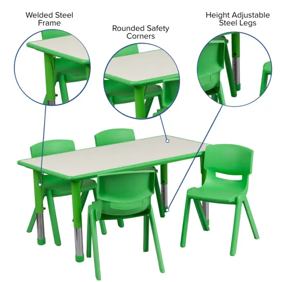 Emma and Oliver 23.625"W x 47.25"L Rectangular Plastic Height Adjustable Activity Table Set with 4 Chairs Green {3}