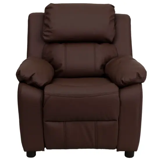 Emma and Oliver Deluxe Padded Contemporary Kids Recliner with Storage Arms Brown LeatherSoft {3}