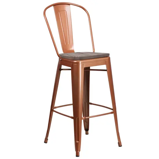 Merrick Lane Sarah 30" Metal Indoor-Outdoor Counter Stool with Vertical Slat Back, Integrated Footrest and Wood Seat Copper {1}