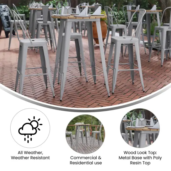 Merrick Lane Dryden Indoor/Outdoor Bar Top Table, 30" Round All Weather Poly Resin Top with Steel base Brown/Silver {2}